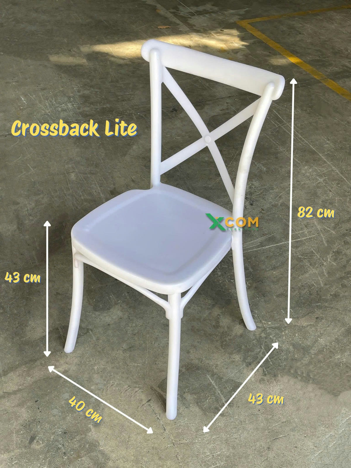 Kích thước ghế Crossback Lite: cao 82 cm, rộng 43 cm, sâu 40 cm và cao mặt ngồi 43 cm