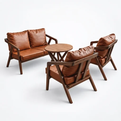 Bộ sofa Katakana gồm sofa đôi hai ghế đơn và bàn tròn