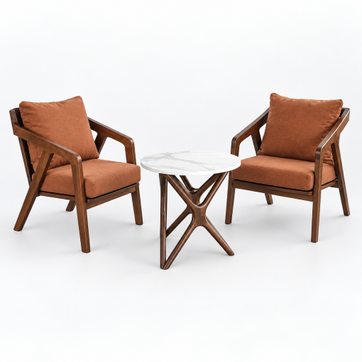 Bộ hai ghế sofa đơn nệm nâu và bàn tròn mặt trắng