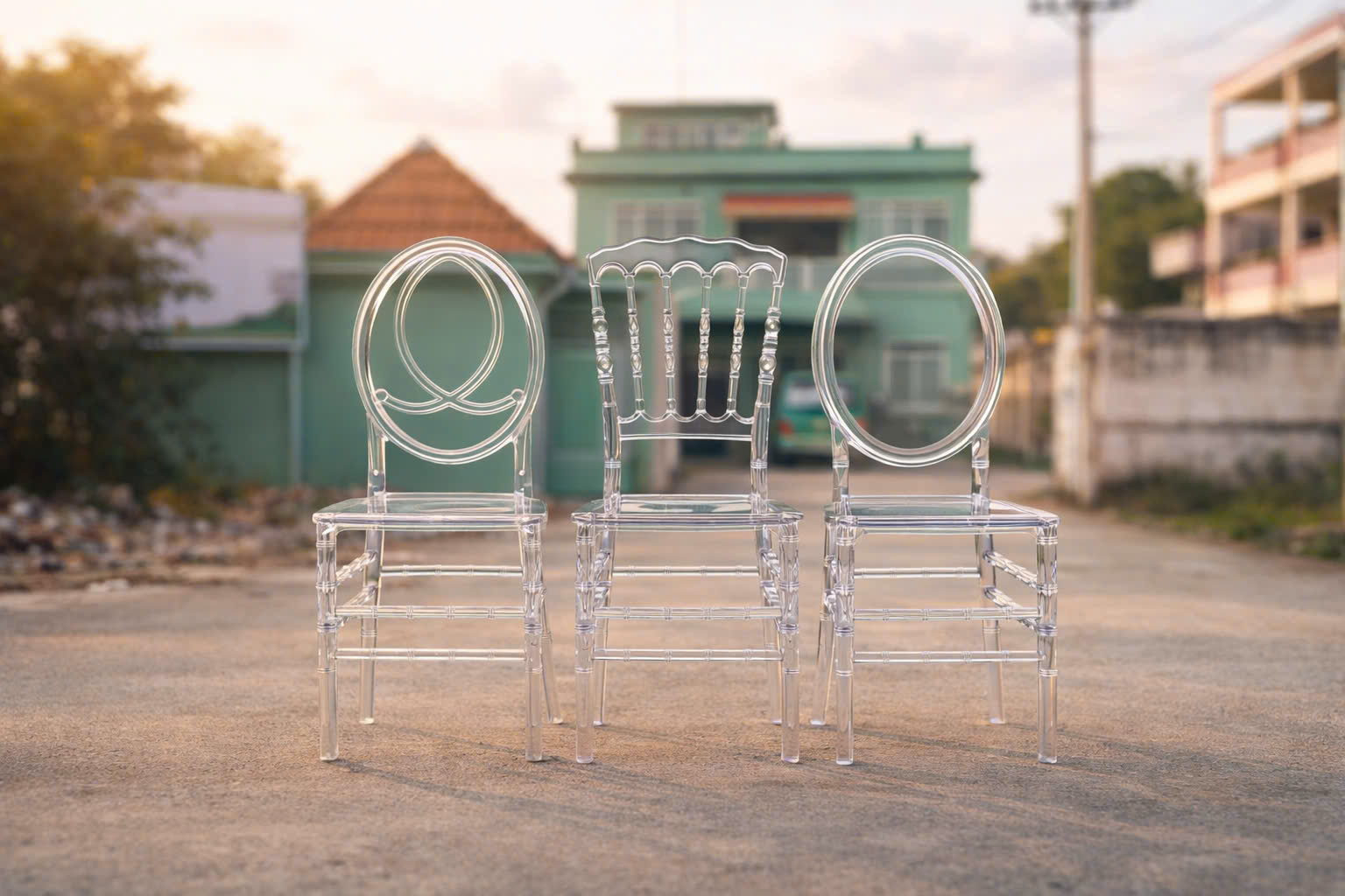 Bộ 3 mẫu ghế trong suốt chung hệ khuôn ngồi được đặt cạnh nhau