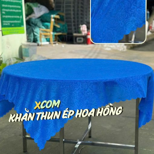 Khăn Bàn Tròn - Thun Ép Hoa Hồng Cắt Vuông 1m6x1m6