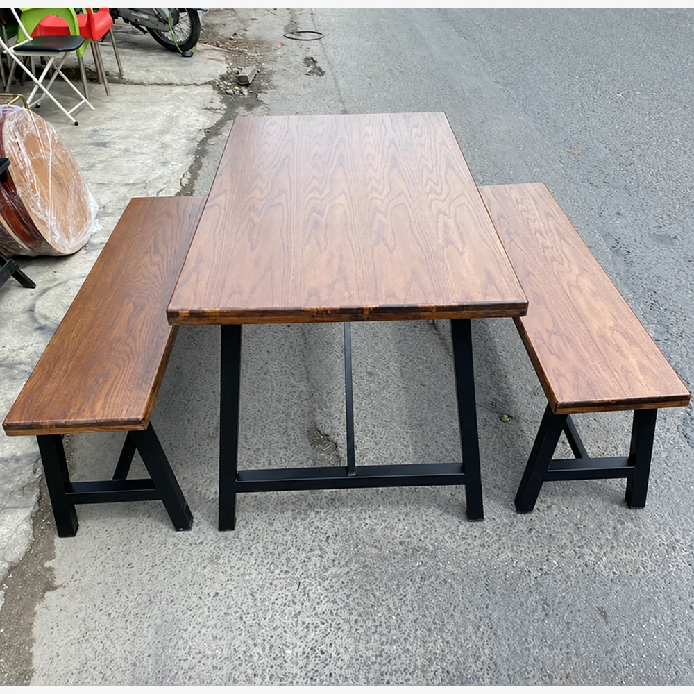 Bộ bàn ghế nhà hàng QN11 khung sắt mặt gỗ – 1 bàn 2 ghế băng | Xcom.vn Mặt bàn chữ nhật và hai ghế băng QN11 nhìn từ trên cao