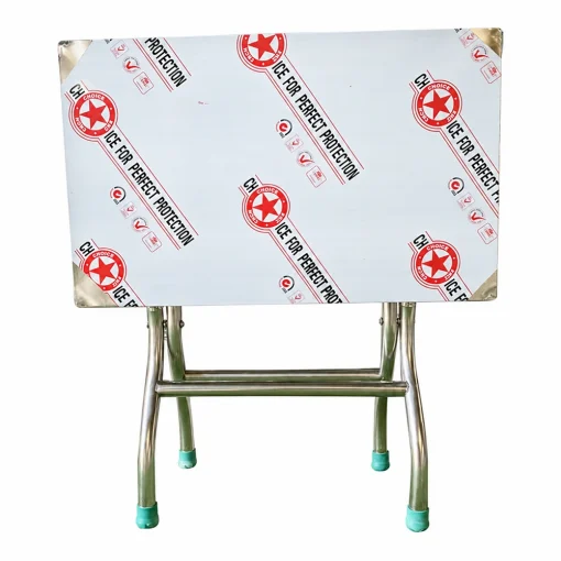 Bàn inox chữ nhật CN01 nhìn từ phía trên, thấy mặt bàn còn lớp film bảo vệ và khung chân cao