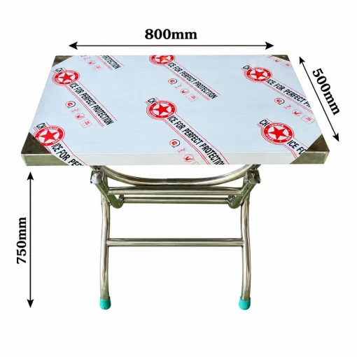 Hình thông số bàn inox chữ nhật CN01 với chiều dài 800 mm, chiều rộng 500 mm và chiều cao 750 mm