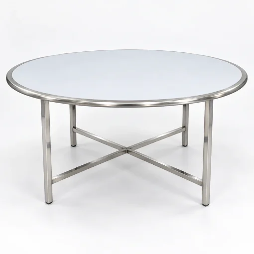 Bàn tròn inox 304 D150 chân ống hộp và giằng chéo trên nền trắng xám