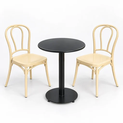 Bộ bàn ghế cafe Thonet nhựa một bàn sắt đen hai ghế kem trên nền trắng xám