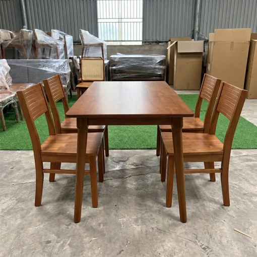 Bộ bàn ghế Cherry QN25 tông nâu nhìn dọc mặt bàn chữ nhật