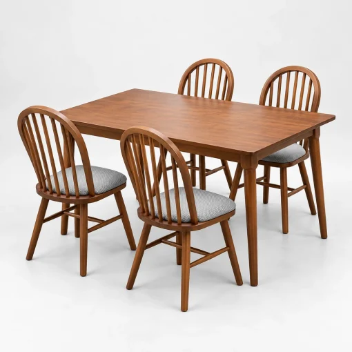 Ảnh minh hoạ bộ bàn ghế nhà hàng Windsor gỗ cao su QN08 gồm 1 bàn và 4 ghế đơn