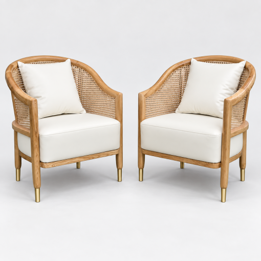 Cặp sofa Grasse gỗ Ash tựa đan mây nhựa trên nền trắng xám