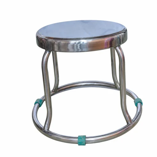 Ghế đôn inox cao 30cm GD19 mặt tròn trơn, chân ống cong và vòng kiềng có đệm xanh