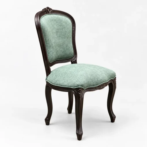 Ghế Louis XVI gỗ tần bì bọc vải xanh nhìn góc trước trên nền trắng xám