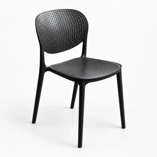 Ghế nhựa Sankyo màu đen mặt đục lỗ trên nền trắng xám