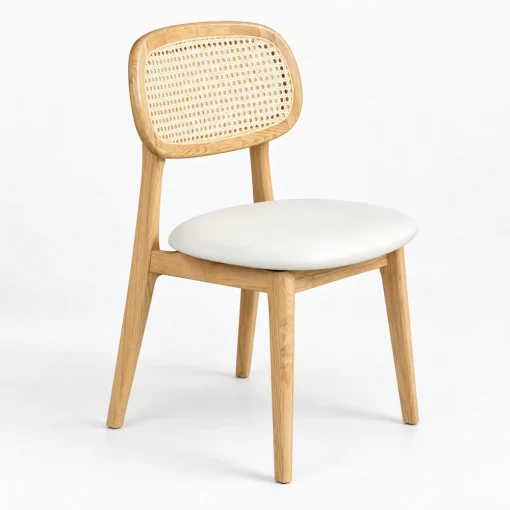 Ghế Secco gỗ Ash nệm simili tựa đan mắt cáo trên nền trắng xám